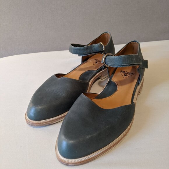 Blue leather John Fluevog flats, retro summer sandals, designer Mary Jane shoes - Picture 3 of 15